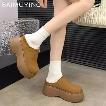 Замшевые женские хлопковые тапочки на платформе, дизайнерские туфли-мюли на среднем каблуке, новый бренд 2025 года, зимние теплые туфли для ходьбы и снега, женские туфли 35