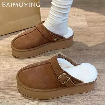 Замшевые женские хлопковые тапочки на платформе, дизайнерские короткие плюшевые повседневные туфли на плоской подошве, модные теплые зимние туфли-мюли 2025 года для снега 35