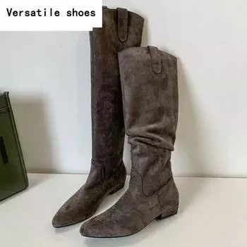 Замшевые женские сапоги челси до колена с острым носком, зимние туфли класса люкс на каблуках, гладиаторские сапоги, новые готические массивные ботинки Mujer 35