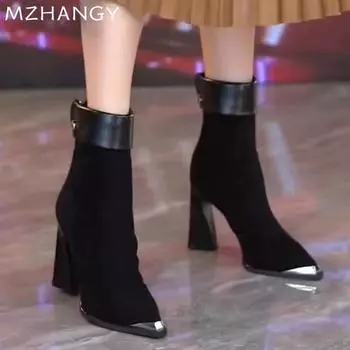 Замшевые женские сапоги на высоком каблуке с острым носком, толстые сексуальные ботинки челси для женщин, тренд 2024 года, новая зимняя мода, женские ботинки 34 чёрный