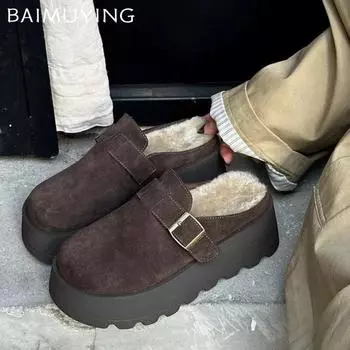 Замшевые женские тапочки на платформе, короткие плюшевые дизайнерские туфли на плоской подошве из хлопка, мюли, тренд 2025 года, теплые зимние ботинки, уютные зимние туфли Zapatos Mujer 35 хаки