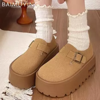 Замшевые женские туфли-лоферы на платформе, дизайнерские туфли на высоком каблуке с пряжкой, новый бренд 2025 года, тренд, зимняя повседневная обувь для прогулок, женские туфли 35 бежевый