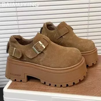 Замшевые женские туфли-лоферы на платформе, кроссовки на плоской подошве, повседневная обувь для женщин, зимние новые брендовые удобные туфли для ходьбы по щиколотку Botas De Mujer 35
