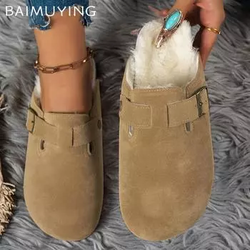 Замшевые женские туфли на плоской подошве из хлопка, короткие плюшевые дизайнерские повседневные мюли с пряжкой, тренд 2025 года, зимние теплые зимние туфли для ходьбы, женские туфли 35