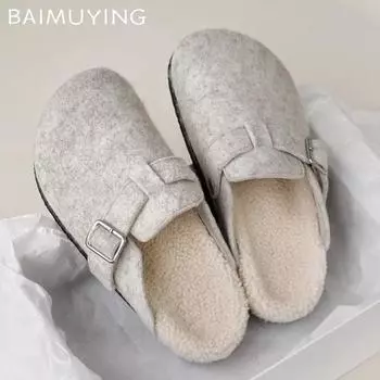 Замшевые женские туфли на плоской подошве из хлопка, короткие плюшевые дизайнерские повседневные мюли с пряжкой, тренд 2025 года, теплые зимние зимние туфли для снега, женские туфли 35 серый