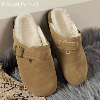 Замшевые женские туфли на плоской подошве из хлопка, короткие плюшевые дизайнерские повседневные мюли с пряжкой, тренд 2025 года, зимние теплые зимние туфли для ходьбы, женские туфли 35