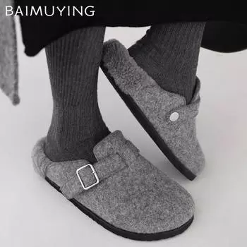 Замшевые женские туфли на плоской подошве из хлопка, короткие плюшевые дизайнерские повседневные мюли с пряжкой, тренд 2025 года, теплые зимние зимние туфли для снега, женские туфли 35 серый