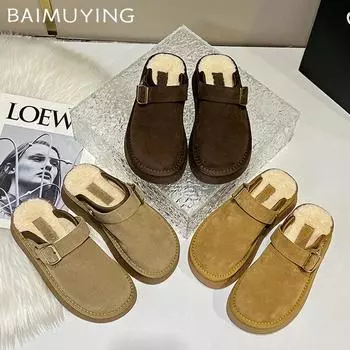 Замшевые женские туфли на плоской подошве из хлопка на платформе короткие плюшевые повседневные мюли 2025 года трендовые домашние теплые уютные зимние зимние ботинки для женщин 35