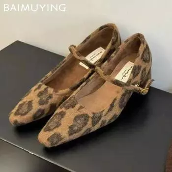 Замшевые женские туфли на высоком каблуке с леопардовым принтом, элегантные модные босоножки на низком каблуке, женские туфли-лодочки 2025 года, зимние новые туфли Мэри Джейн для вечеринок 35 чёрный