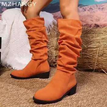 Замшевые женские высокие сапоги на массивном каблуке, дизайнерские плиссированные туфли, женские, тренд 2025 года, ботинки челси, туфли-лодочки, зимние, новинки, женские, готические, ботинки 35 хаки