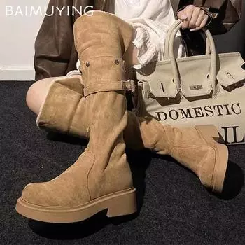 Замшевые женские высокие сапоги на меху, толстые, теплые, на среднем каблуке, женские модные зимние туфли-лодочки, элегантные, дизайнерские, для ходьбы, для снега, Botas Mujer 35