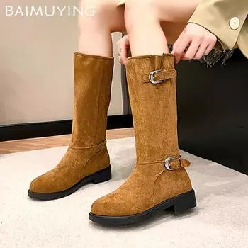 Замшевые женские высокие сапоги на среднем каблуке модная обувь женская 2025 тренд зимняя дизайнерская брендовая готическая повседневная прогулочная удобная панк-женская обувь 35 коричневый