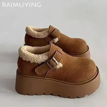 Замшевые женские зимние ботильоны на меховой платформе повседневные кроссовки хлопковые мокасины обувь зима 2025 тренд теплые прогулочные ботинки женские 35 коричневый
