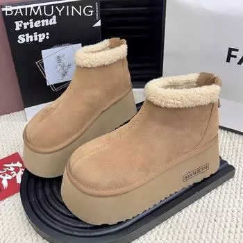 Замшевые женские зимние ботильоны на платформе, дизайнерские меховые короткие плюшевые туфли на среднем каблуке из хлопка, тренд 2025 года, теплые зимние ботинки на молнии для женщин 34