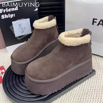 Замшевые женские зимние ботильоны на платформе, дизайнерские меховые короткие плюшевые туфли на среднем каблуке из хлопка, тренд 2025 года, теплые зимние ботинки на молнии для женщин 34