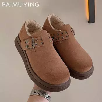 Замшевые женские зимние ботинки на плоской подошве на платформе с короткими плюшевыми пряжками, повседневная обувь 2025 года, трендовые теплые дизайнерские зимние ботинки для женщин 35