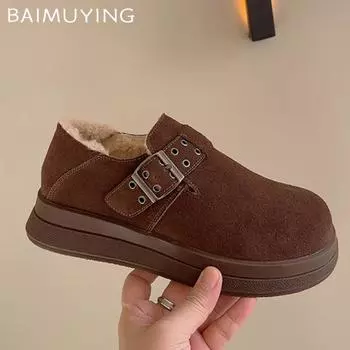 Замшевые женские зимние ботинки на плоской подошве на платформе с короткими плюшевыми пряжками, повседневная обувь 2025 года, трендовые теплые дизайнерские зимние ботинки для женщин 35