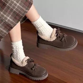 Замшевые женские зимние сапоги с бантом на меху на толстом среднем каблуке, дизайнерская хлопковая обувь 2025 года, зимние теплые короткие плюшевые удобные ботинки для женщин 35