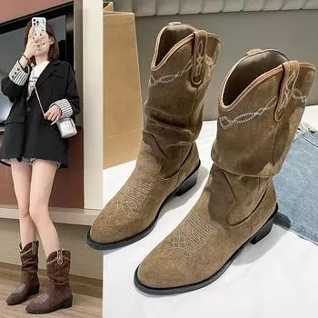 Замшевые женские зимние сапоги средней высоты на среднем каблуке, модная женская обувь 2024 года, массивные ботинки челси, туфли-лодочки в стиле ретро, новые готические женские ботинки 35 коричневый