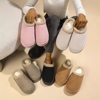 Замшевые зимние тапочки женские повседневные туфли меховые короткие сапоги на мелкой платформе хлопковые зимние туфли теплые 40-41 чёрный