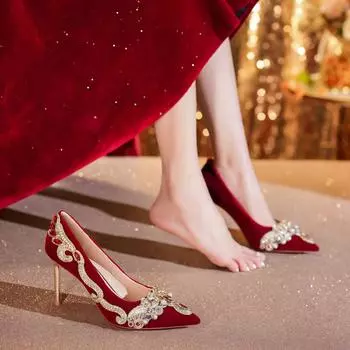Замшевый тонкий каблук светлый рот свадебные туфли горный хрусталь красные высокие каблуки женская одежда для показа женская обувь продвинутый смысл 34