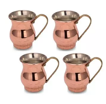 Zamzam Mini Copper Cup 100 мл Набор из 4 пахты луженой меди Маленькая стеклянная медная кружка Стекло для воды Стекло с медной ручкой