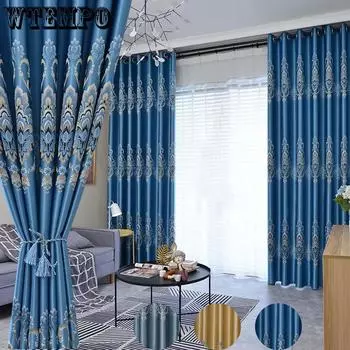 Занавеска для дома, затемняющая занавеска для гостиной, французская занавеска на окно, разделенный балкон, солнцезащитный крем, утолщенные жаккардовые шторы, карниз 170*270cm*2pcs синий