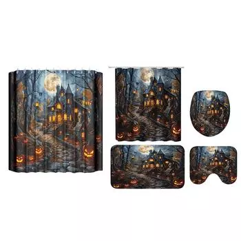Занавеска для душа на Хэллоуин, занавеска для душа в ванной, водонепроницаемая занавеска для душа с жуткой ночной тематикой, с ковриками и туалетным ковриком для домашнего декора