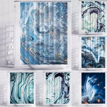 Занавеска для душа Nordic Gradient Marble с синим золотом, 3D-печать, текстура, утолщение, водонепроницаемый полиэстер, занавески для ванной с крючками W90xH180cm