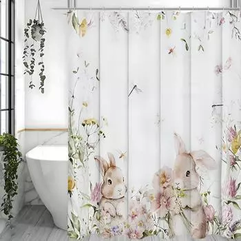 Занавеска для душа «Пасхальный кролик» Розовые акварельные цветы Листья Милый кролик Цветок Счастливой Пасхи Весенний праздник Ванная комната Декоративный Шо 90*180cm