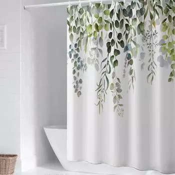 Занавеска для душа Полиэстеровая ткань Подкладка для занавески для душа 72x72 дюйма, утяжеленный край Водонепроницаемые моющиеся шторы для ванной комнаты с 12 крючками, зеленые круглые листья Curry Gradient