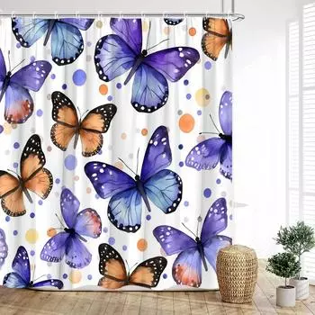 Занавеска для душа с цветочным рисунком в виде бабочки, акварель, ботанический зеленый лист, весенний цветок, полиэстеровая ткань, занавеска для ванной комнаты, комплект для домашнего декора W90xH180cm
