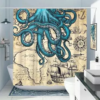 Занавеска для душа с изображением осьминога, морской черепахи, пляжа, прибрежной синей рыбы, ракушки, медузы, занавески для ванной комнаты, декор для ванной комнаты 150x180CM