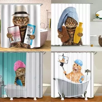 Занавеска для душа с изображением забавного кота, водонепроницаемая занавеска с крючками для ванной комнаты W90xH180(CM)