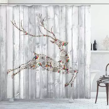 Занавеска для душа с оленем, красочный силуэт животного, рождественские элементы, деревянные доски, тематическая ткань, набор декора для ванной комнаты с крючками W90xH180cm