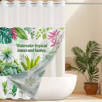 Занавеска для душа с рисунком листьев, без крючков, с тканевой подкладкой на кнопках, прозрачным верхом-окном, водонепроницаемая двухслойная занавеска для ванны 180X188cm синий