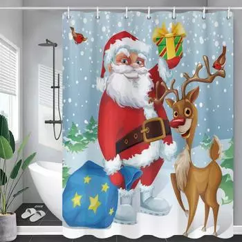 Занавеска для душа в рождественском стиле, размер 180x180, занавеска для ванной комнаты с узором Санта-Клауса и 12 крючками, водонепроницаемая, простая в установке, занавеска для душа в спальне 180x180cm H