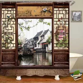 Занавеска для душа в ванной комнате с 3D-принтом в китайском стиле из полиэстера, водонепроницаемая, занавеска для ванной, украшение для дома, занавески с крючком W90xH180cm