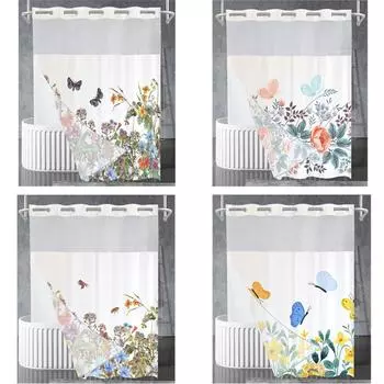 Занавеска для душа Wildflower без крючка с набором вкладышей, занавеска для душа с цветочными растениями, тканевая занавеска для душа с цветами, комплект занавесок для душа в отеле W137cm*L203cm(54“*80”)