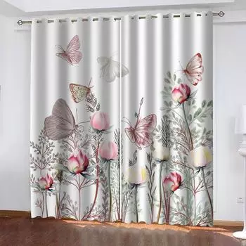 Занавеска для комнаты 3D Красочные бабочки Цветы Занавеска на заказ Спальня Гостиная Студия Оконная штора Люверс Верхняя 2 панели W70xH160cmx2&Grommet Top