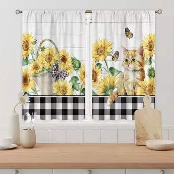 Занавеска для кухни с изображением подсолнуха и кошки в фермерском стиле, простая цветочная клетка с изображением бабочек и буйвола, стиль кантри, гостиная, спальня, домашний декор, 2 шт. 70x107cm(27.5x42inch