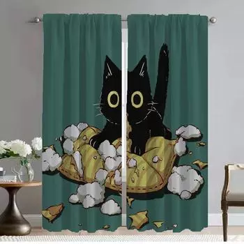 Занавеска для окна для комнаты 2 Панельная художественная фреска Кошка Современная гостиная Шторы для камеры Раздел Хэллоуин Украшения Оттенки Ребенок W50xH70cmx2pcs-CL
