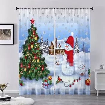 Занавеска для окна «Рождественская елка» со снеговиком, снежный пейзаж, для дома, гостиной, современной спальни, европейской кухни, 2 шт. 2x50W130H(CM)40x51in&Hook