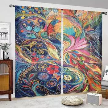 Занавеска для окна с красочным принтом павлина, подходит для кухни, кофейни, гостиной, балкона, домашнего декора, 2 шт. 2x75W166H(CM)59x65in&Rod Pocket