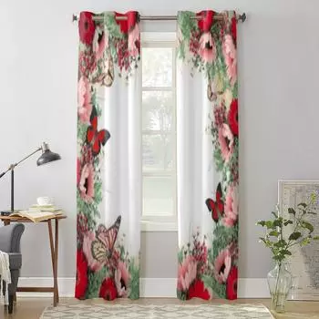 Занавеска для окна с ромашками и подсолнухами и бабочкой для гостиной, спальни, украшения, роскошные кухонные занавески с балдахином 135W x 60H(cm) x1