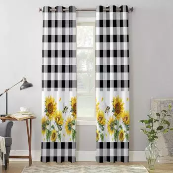 Занавеска для спальни и кухни, ферма, подсолнух, пчела, клетчатые оконные шторы, занавески для гостиной, декоративные предметы 135W x 60H(cm) x1