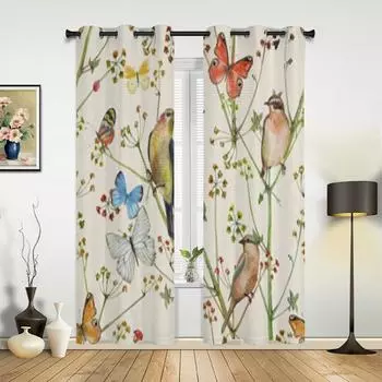 Занавеска на окно с цветами, бабочками и птицами для гостиной, спальни, роскошные предметы домашнего декора для кухни, шторы 135W x 60H(cm)
