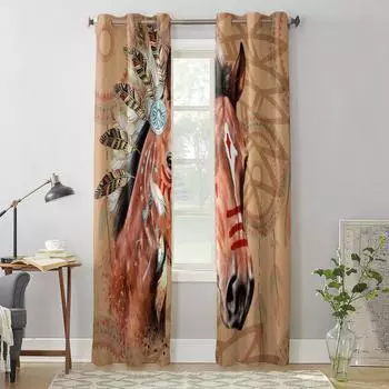 Занавеска на окно с индийскими перьями лошади, роскошная занавеска для гостиной, спальни, домашнего декора, кухни, занавеска 135W x 60H(cm) x1