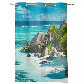 Занавеска на окно с пляжными камнями и небом, современный европейский стиль, занавеска для спальни, гостиной, фоновая занавеска 135W x 60H(cm) x1