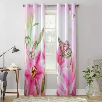 Занавеска с изображением лилий и бабочек для гостиной, спальни, украшения, роскошные кухонные занавески с балдахином 135W x 60H(cm) x1